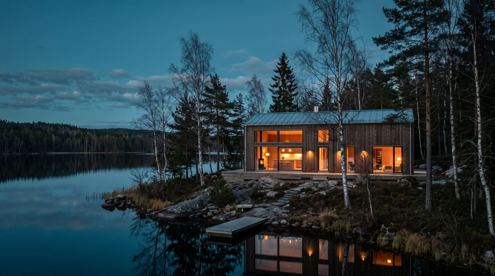 Modernt hus vid skymning nära sjön Fryken i Värmland